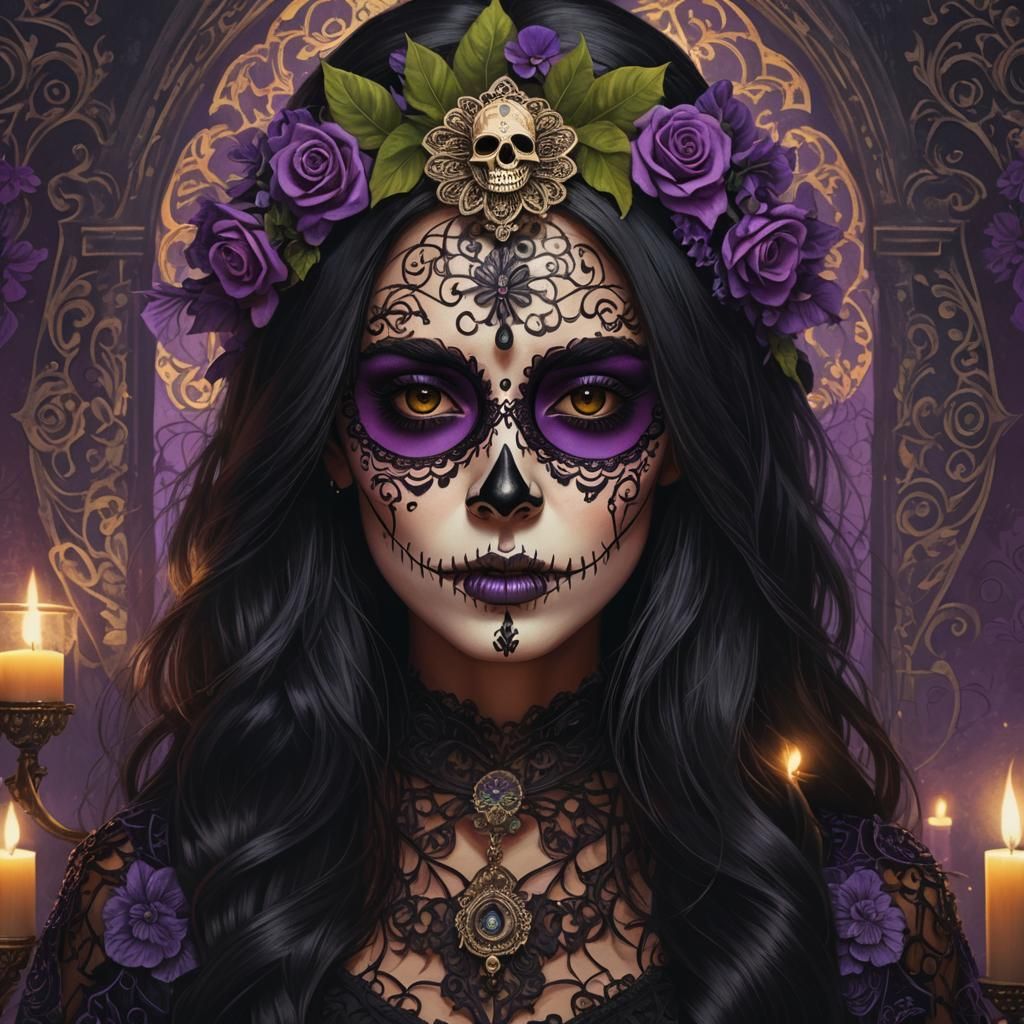Colombian Woman in Catrina Costume, Gothic Fantasy Art