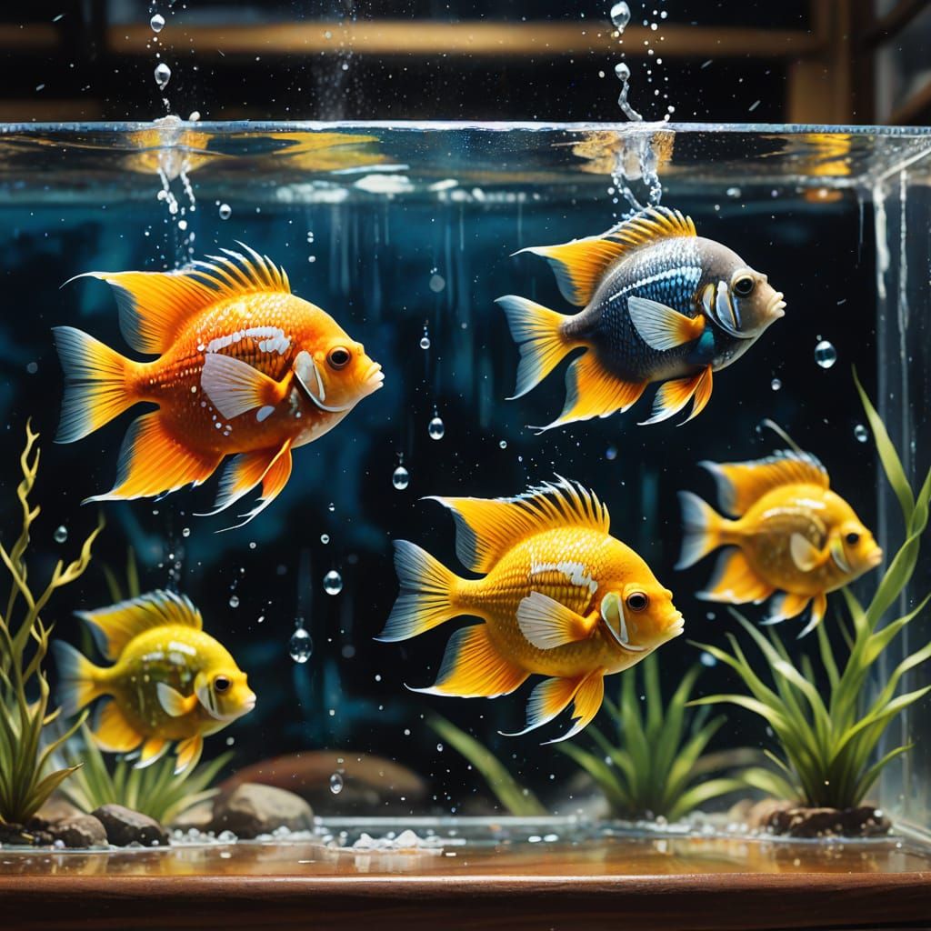 Modern Ink Wash Masterpiece: Tropical Fish in Vibrant Aquari...