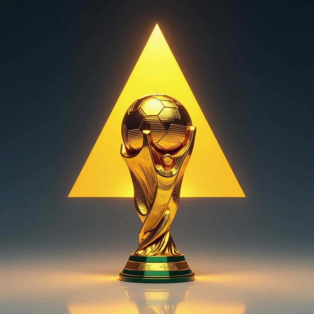 Golden World Cup Trophy with Warning Icon, Futuristic Style