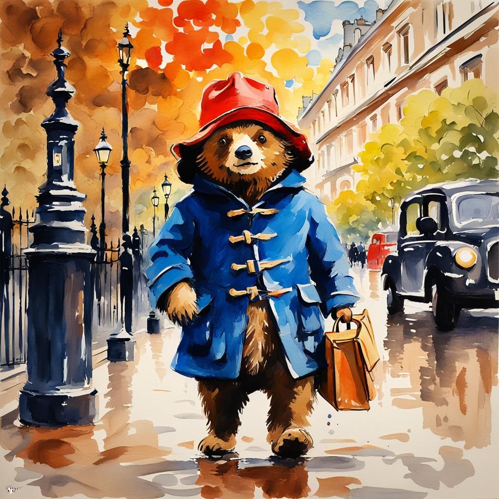 Paddington Bear in London as Gouache Watercolor