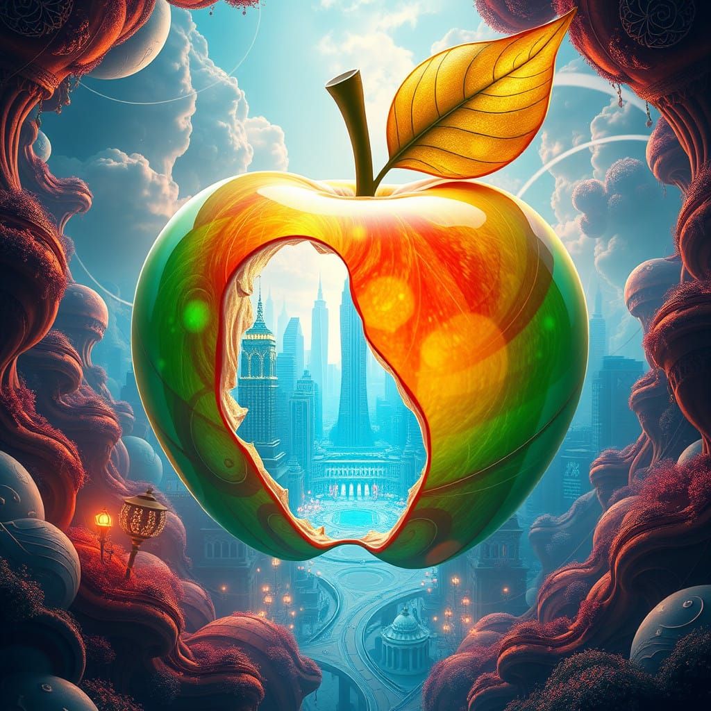 Luminescent Apple Portal to a Fantastical Metropolis