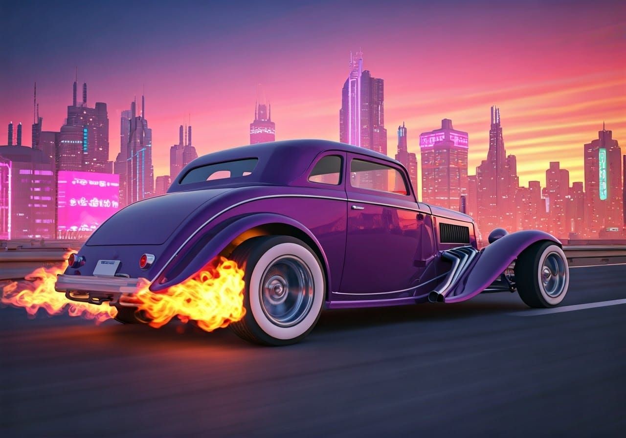 Purple Hot Rod Races Down Dystopian Highway