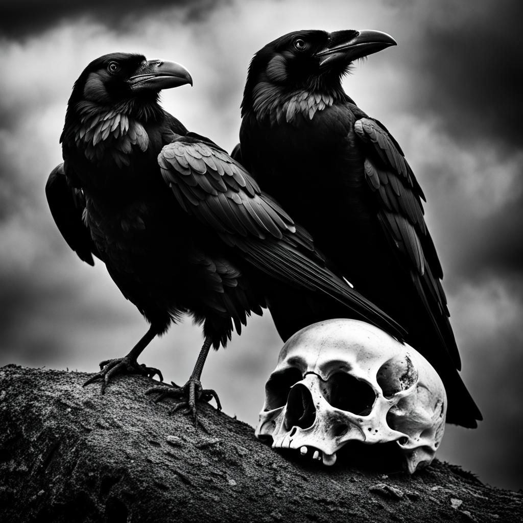 Ravens Perched Atop Skull in Black and White