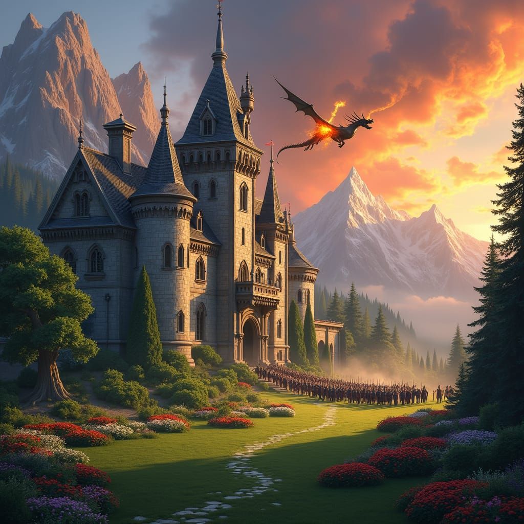 Grand Castle Under Siege by Dragon and Army