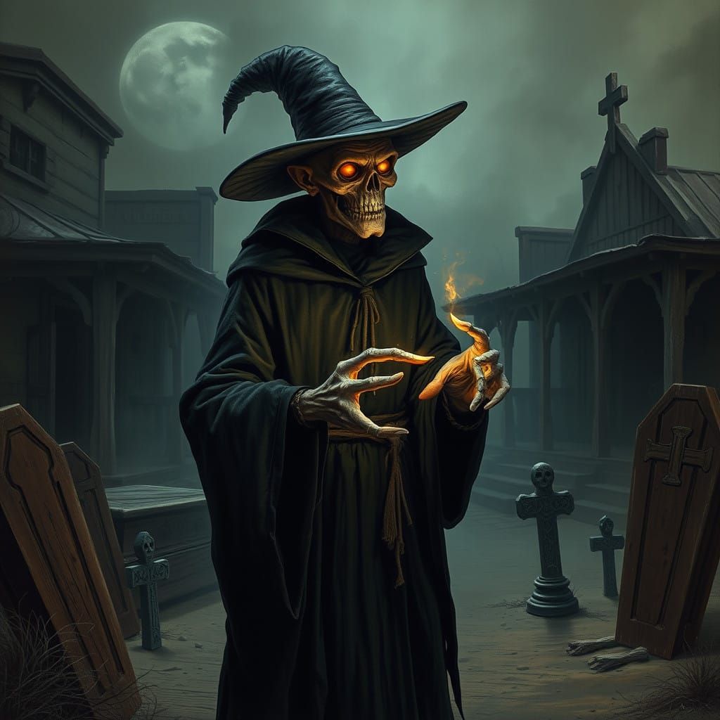Skeletal Warlock Conjures Dark Magic in Wild West Town