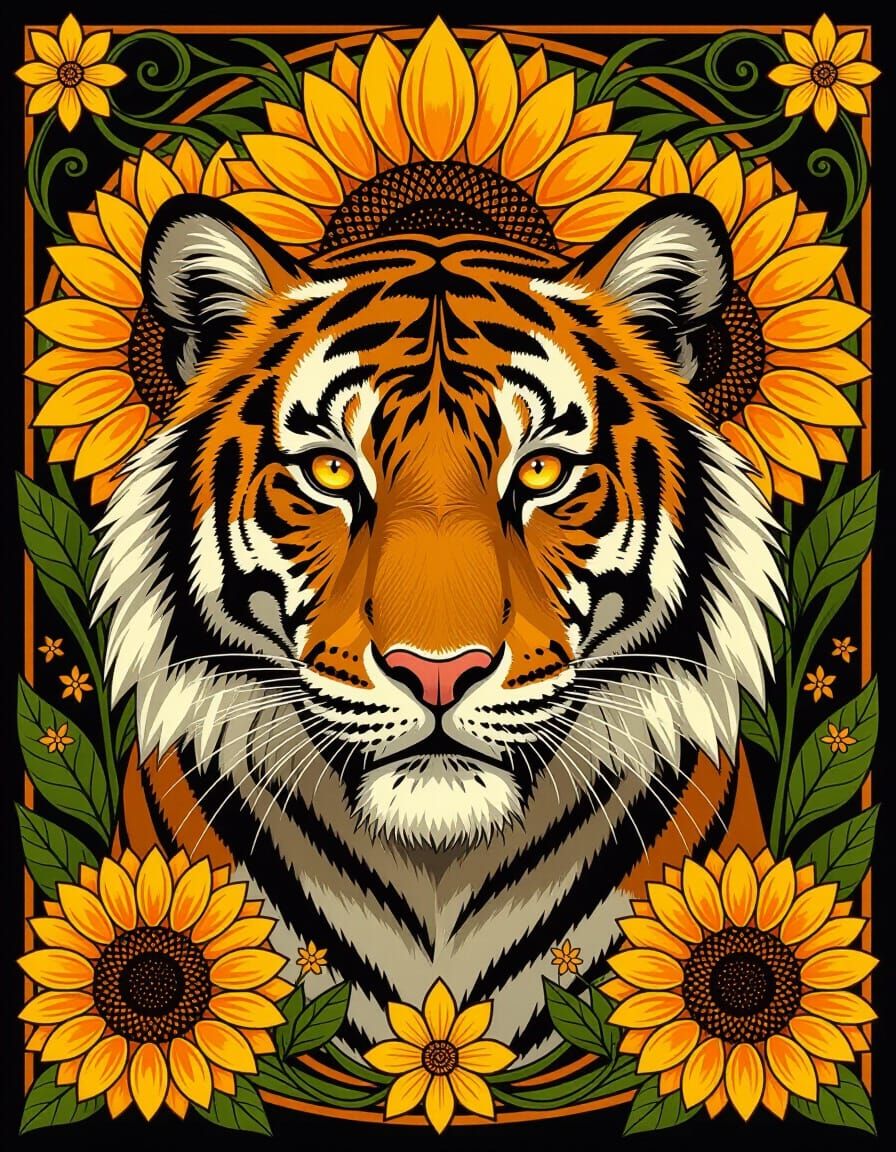 Tiger Surrounded by Sunflowers in Art Nouveau Style
