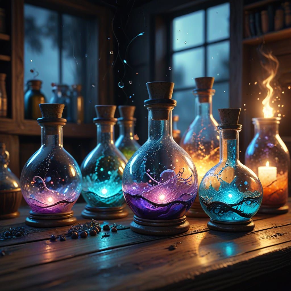 Magical Potions Glowing on Wooden Table
