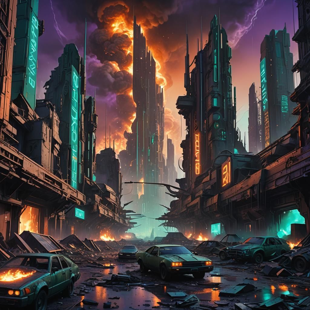 Dystopian Future: Explosions Destroy a Neon Metropolis
