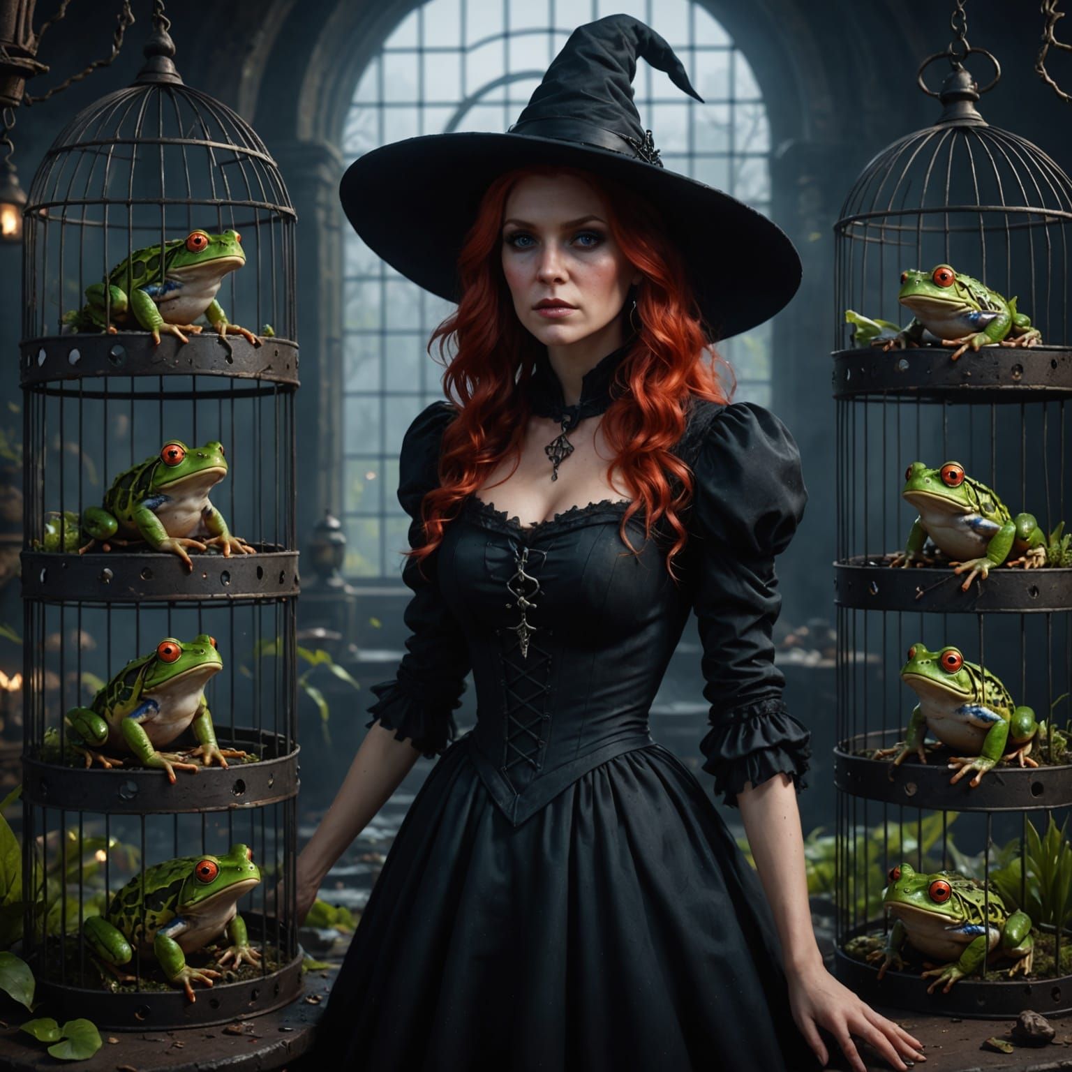 Sinister Witch Surrounded by Cages of Frogs in Deep Fantasy ...