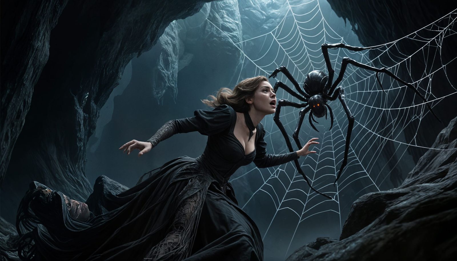 Woman Trapped in Spider Web in Dark Cavern