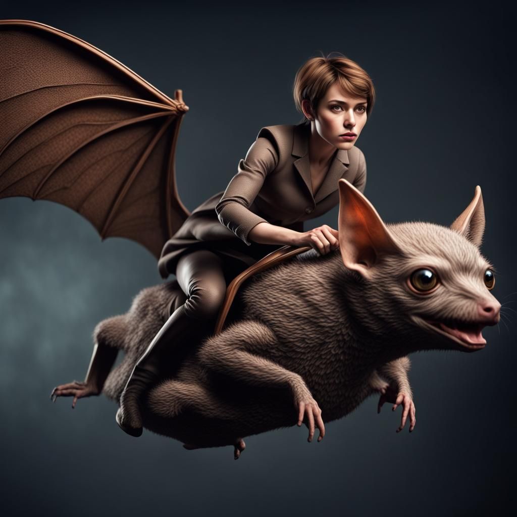 Woman Rides Bat Animal: Hyperrealistic 64 Megapixel Art