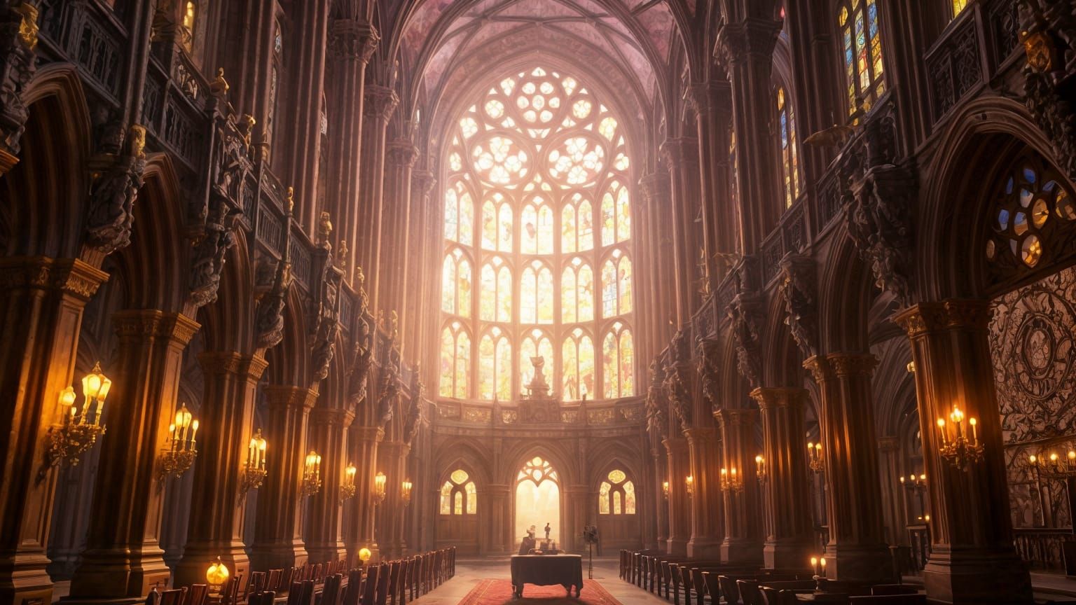 Fantastical Cathedral Interior with Golden Hour Lighting