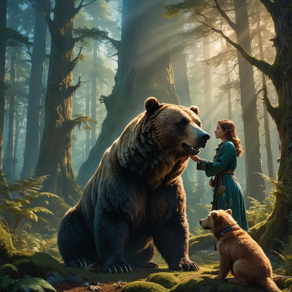Woman and Bear in Forest: Fantasy Matte Painting