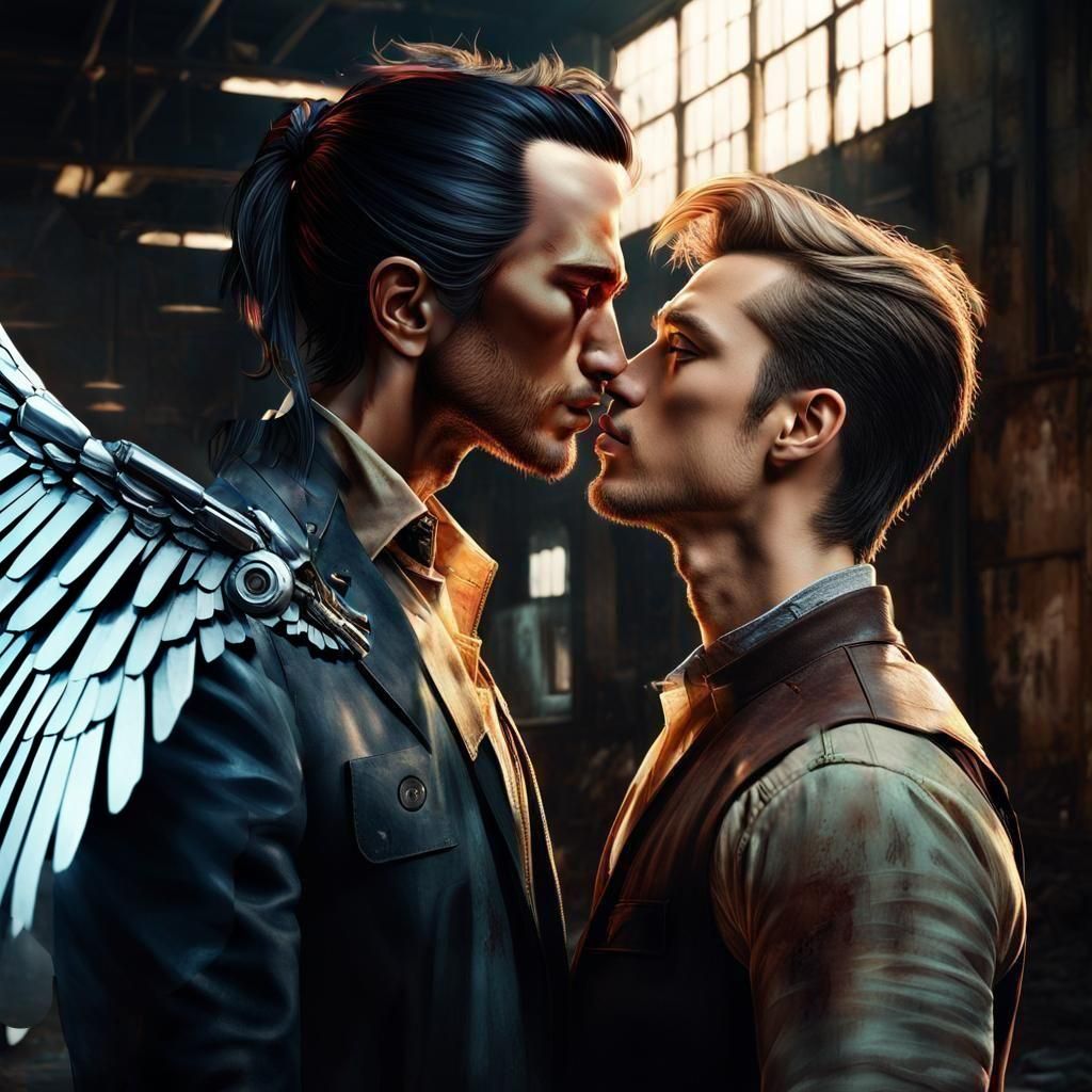 Two Handsome Men Sealed with a Kiss in a Whimsical Abandoned...