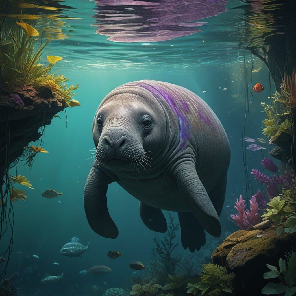 Serenely Majestic Manatee in Vibrant, Dreamlike Aquatic Real...