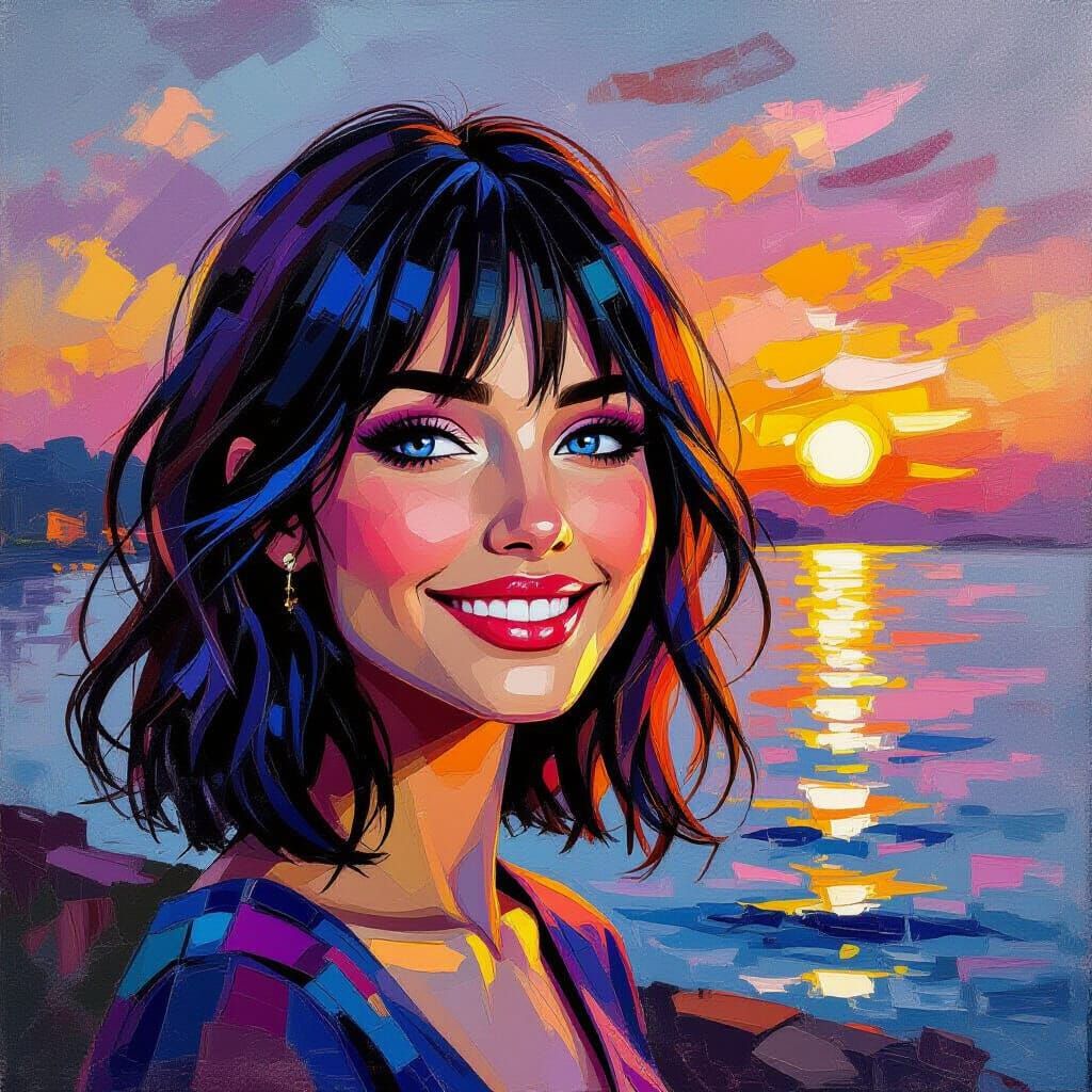 Smiling Woman in Sunset Light, Neo-Impressionist Style