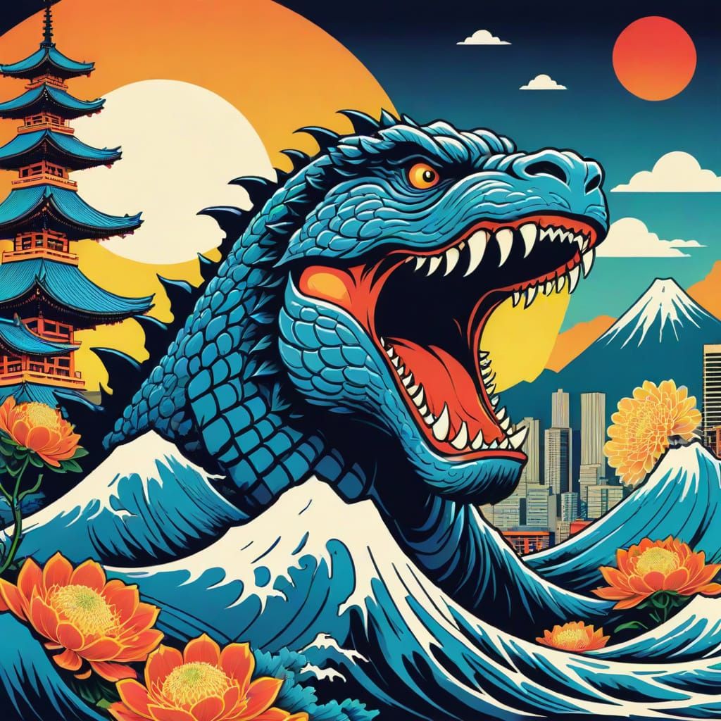 Godzilla in Tokyo Cityscape, Inspired by Ukiyo-E Pop Art