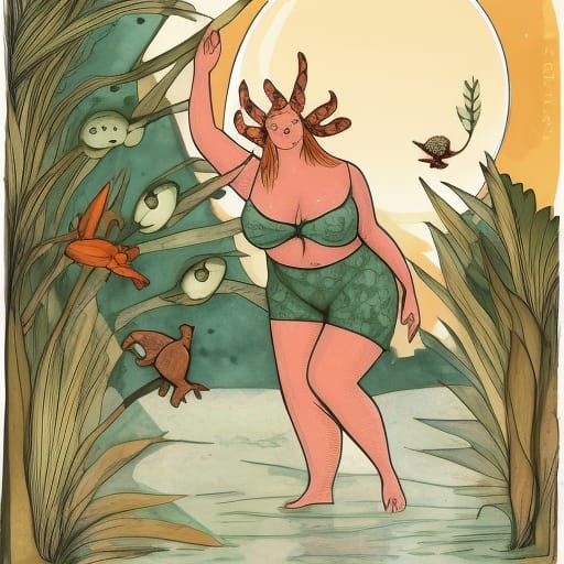 Redhead Frog Woman's Swamp Dance: Vintage Drawing