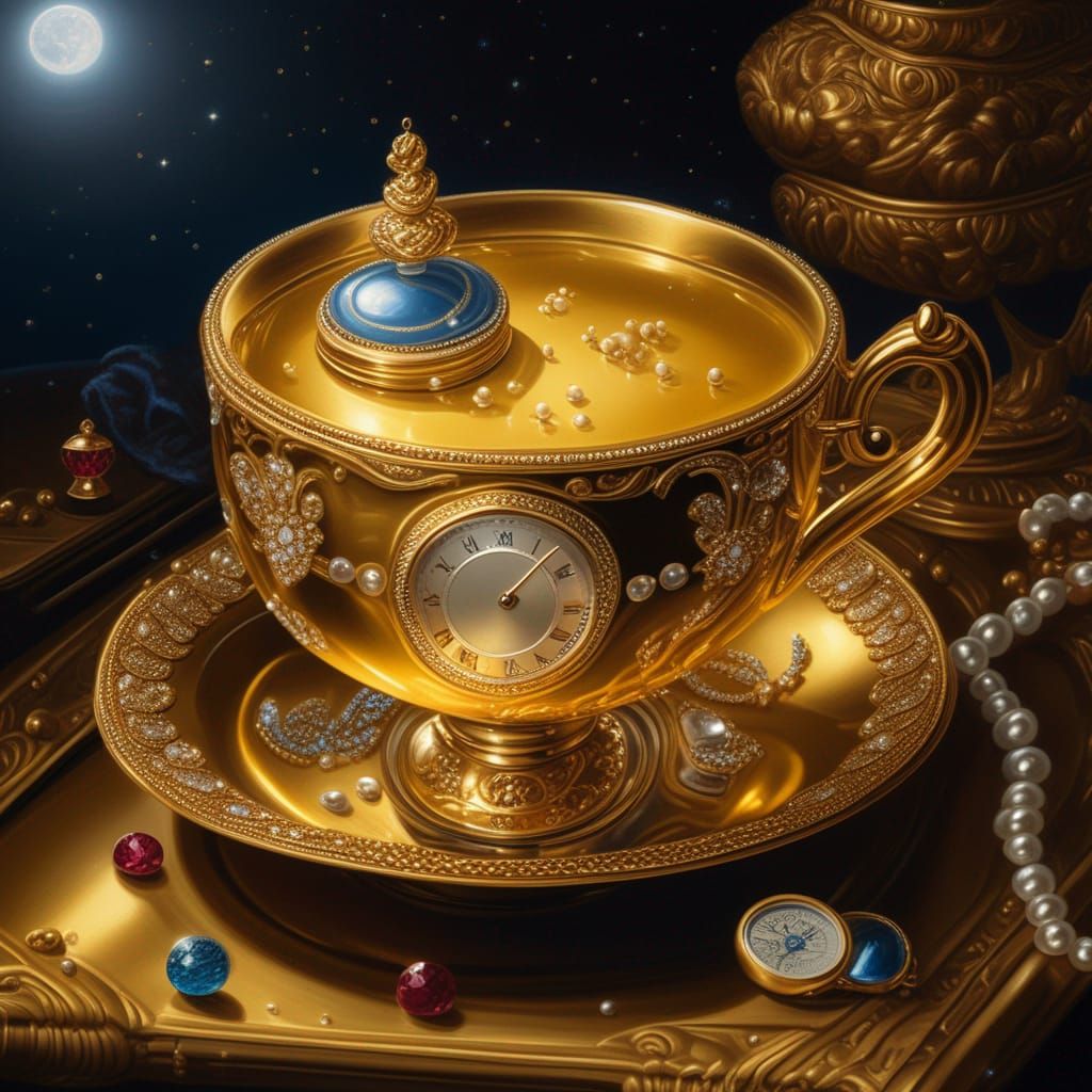Golden Teacup with Jewels Under Moonlight