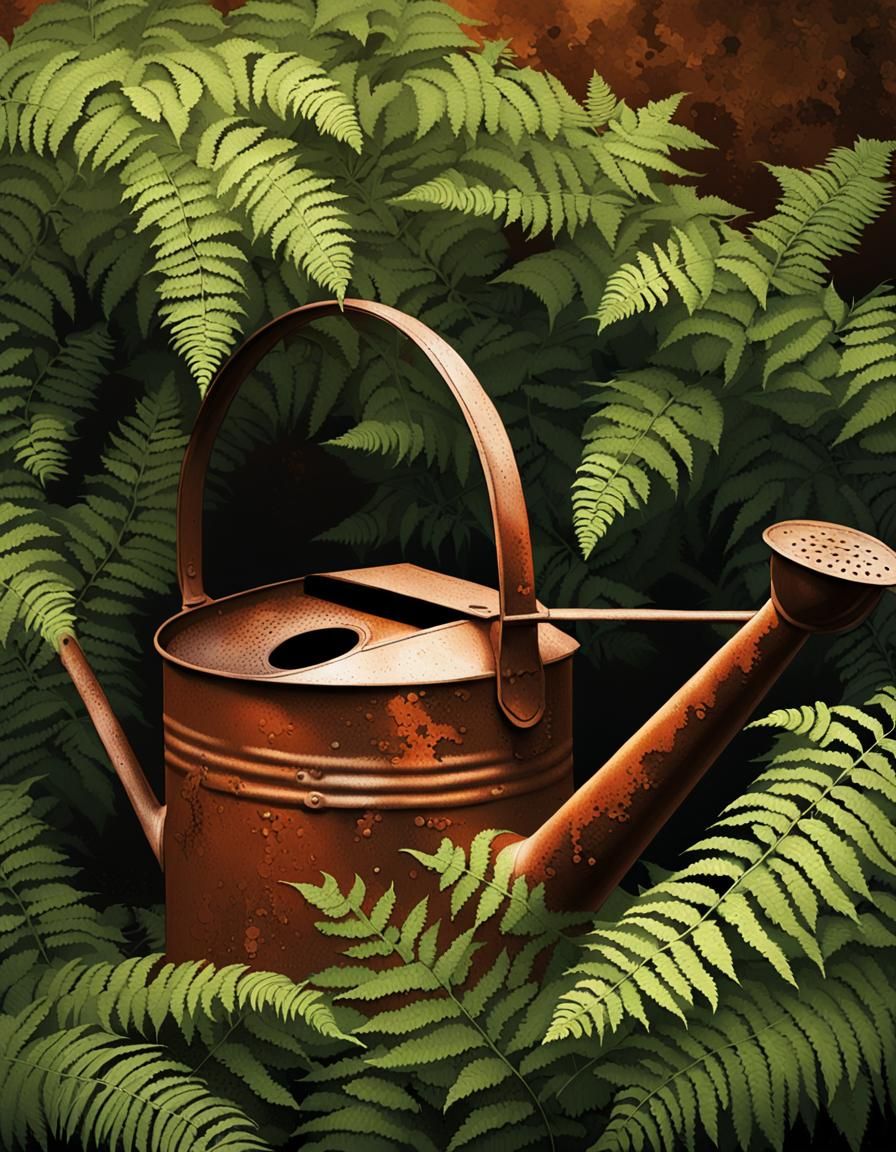 Rusty Watering Can Surrounded by Ferns, Hyperrealistic Illus...