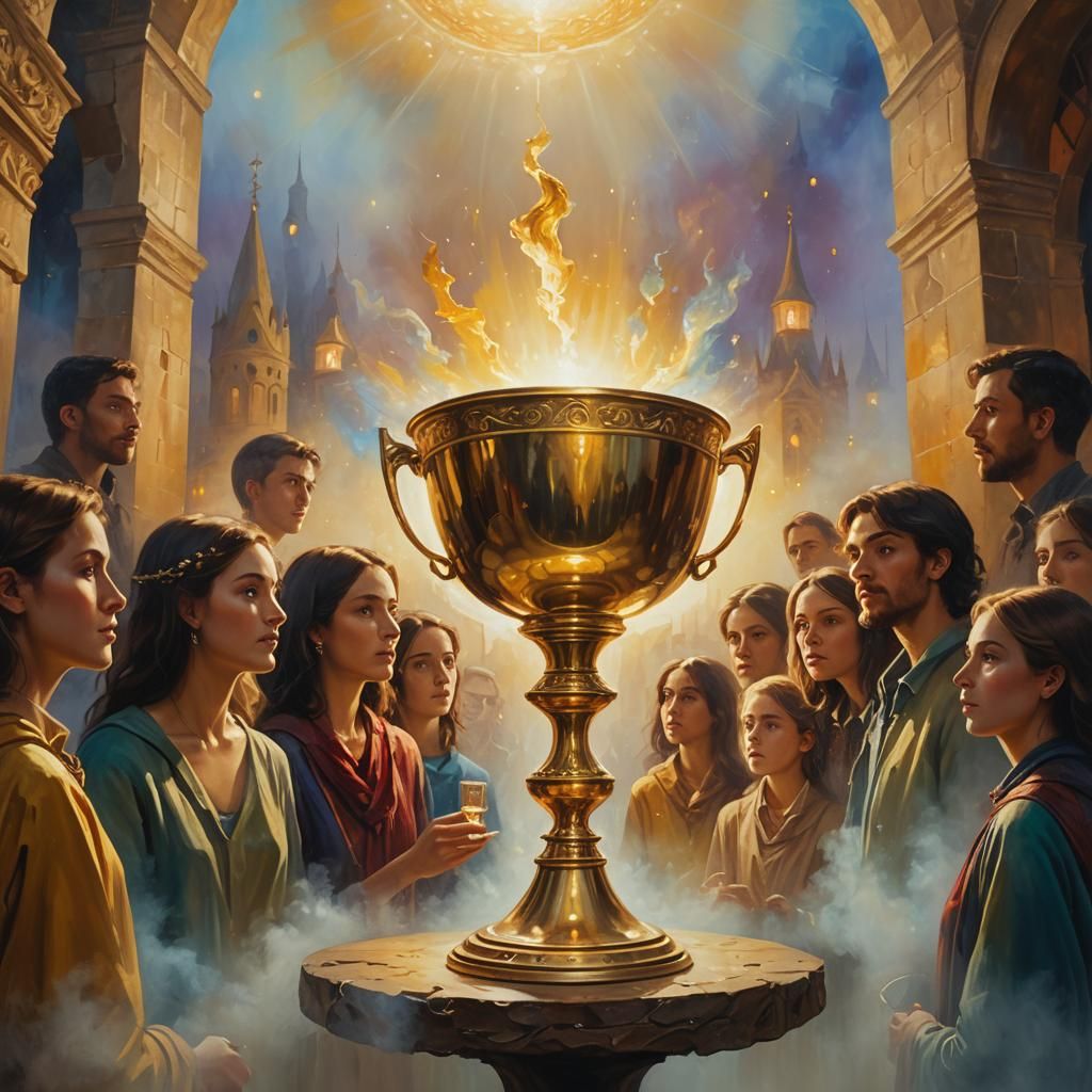 Golden Chalice Levitation in Surreal Oil Painting