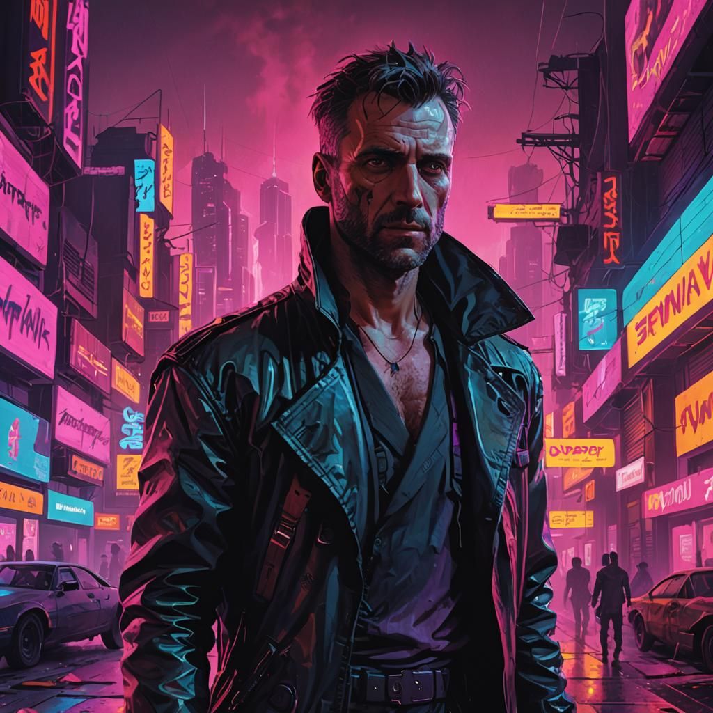 Cyberpunk Man in Neon Cityscape