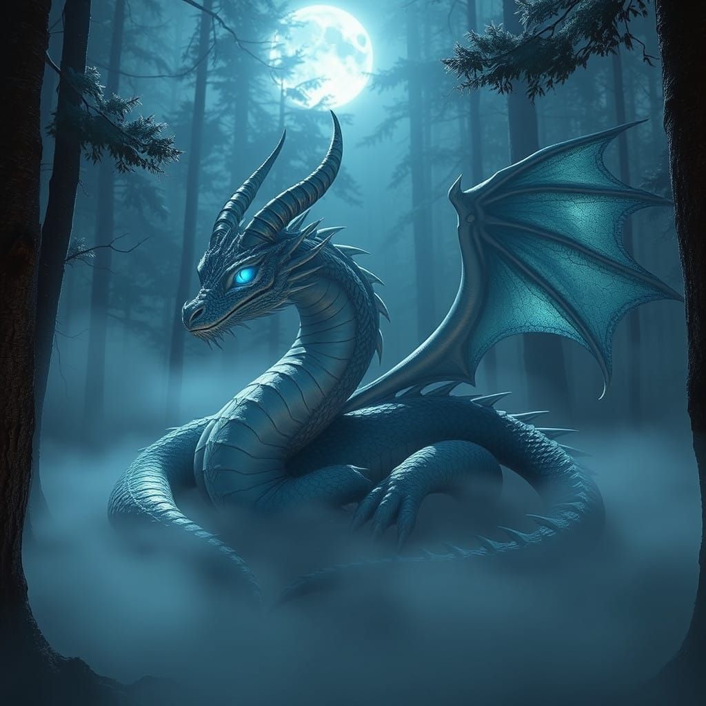 Majestic Dragon in Moonlit Misty Forest