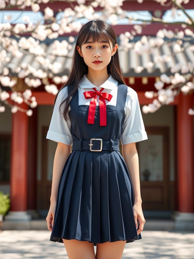 Japanese Schoolgirl at Shrine Amidst Cherry Blossoms