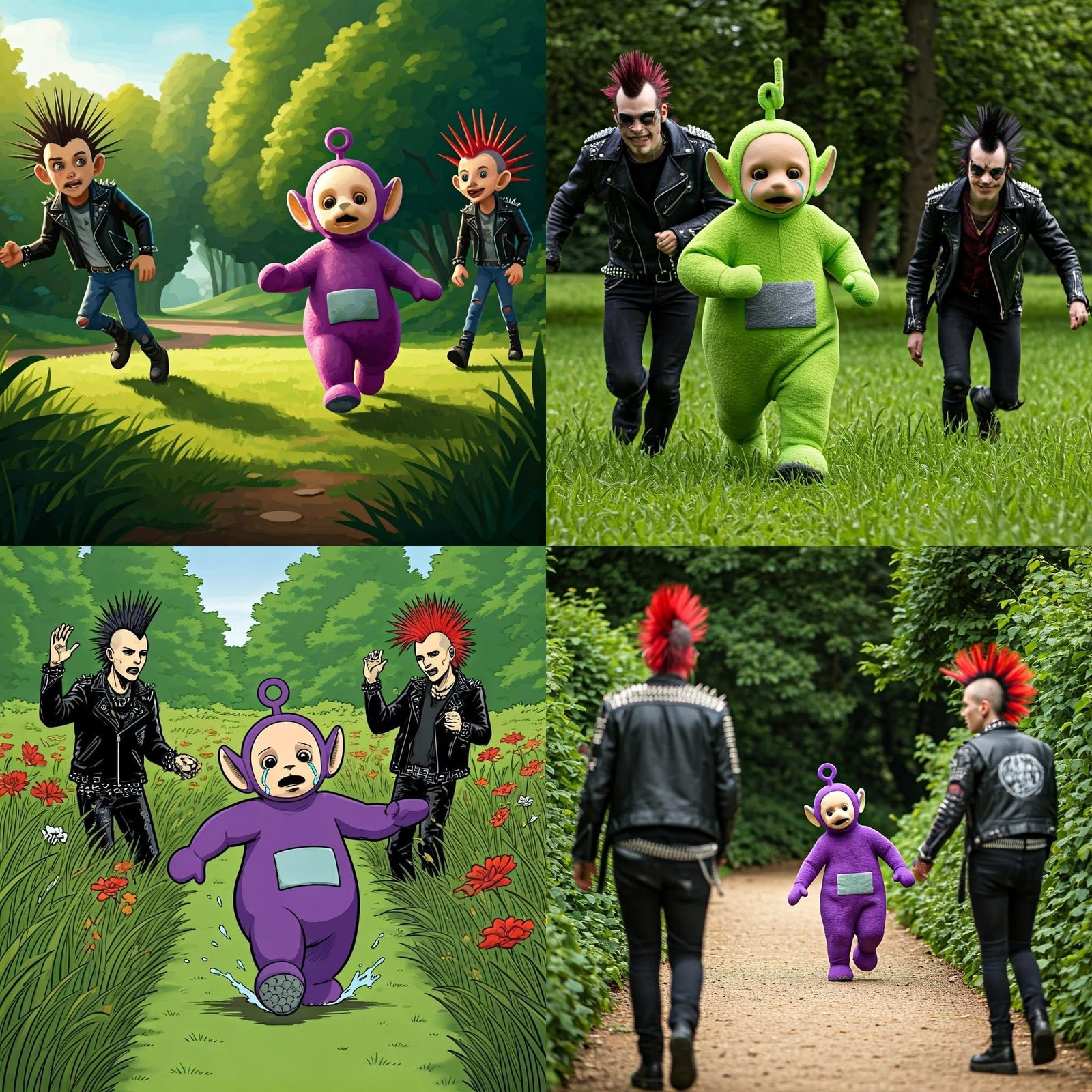 Cheerful Teletubby Fleeing from Tough City Thugs in London