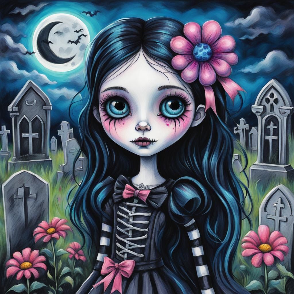 Cute Goth Girl in Graveyard: Whimsical Children's Drawing