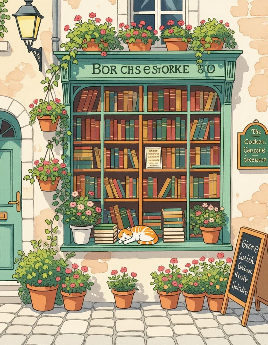 Charming Bookstore Scene with Cat in Watercolor Style