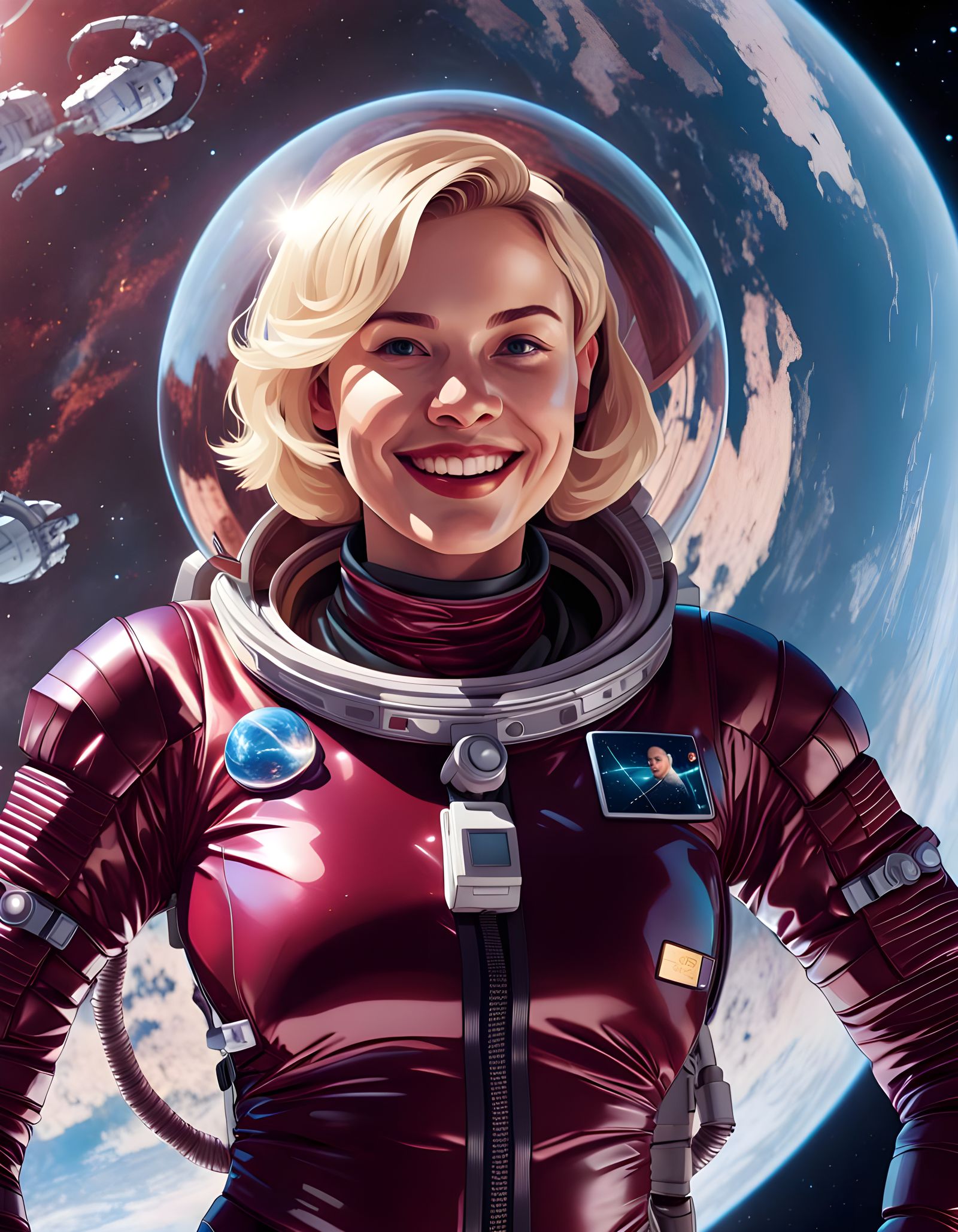 Astronaut in Burgundy Suit Repairs Satellite in Orbit