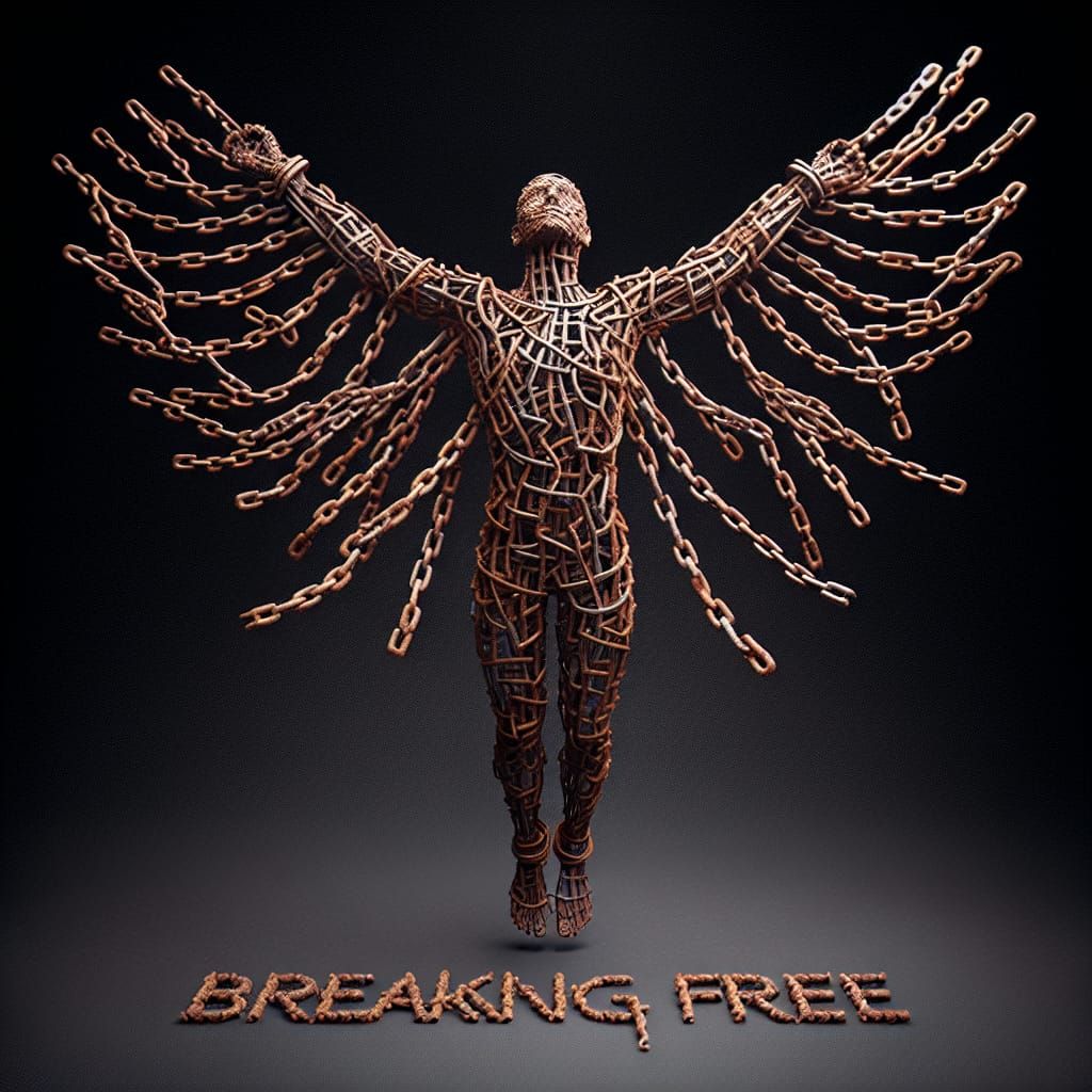 Rusty Chain Figure Breaking Free with Iron Wings