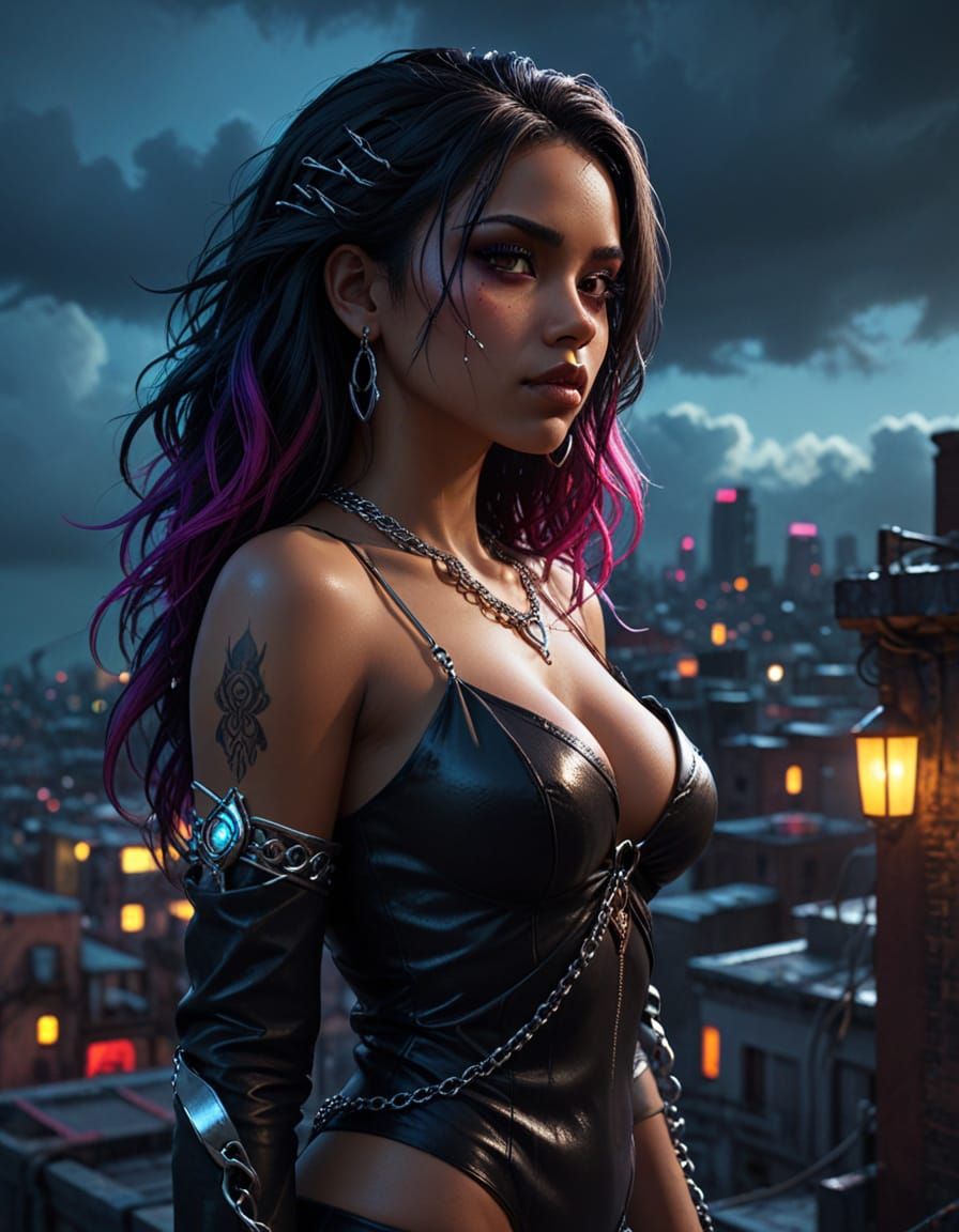 Gothic Anime Woman with Glowing Eyes on Rooftop