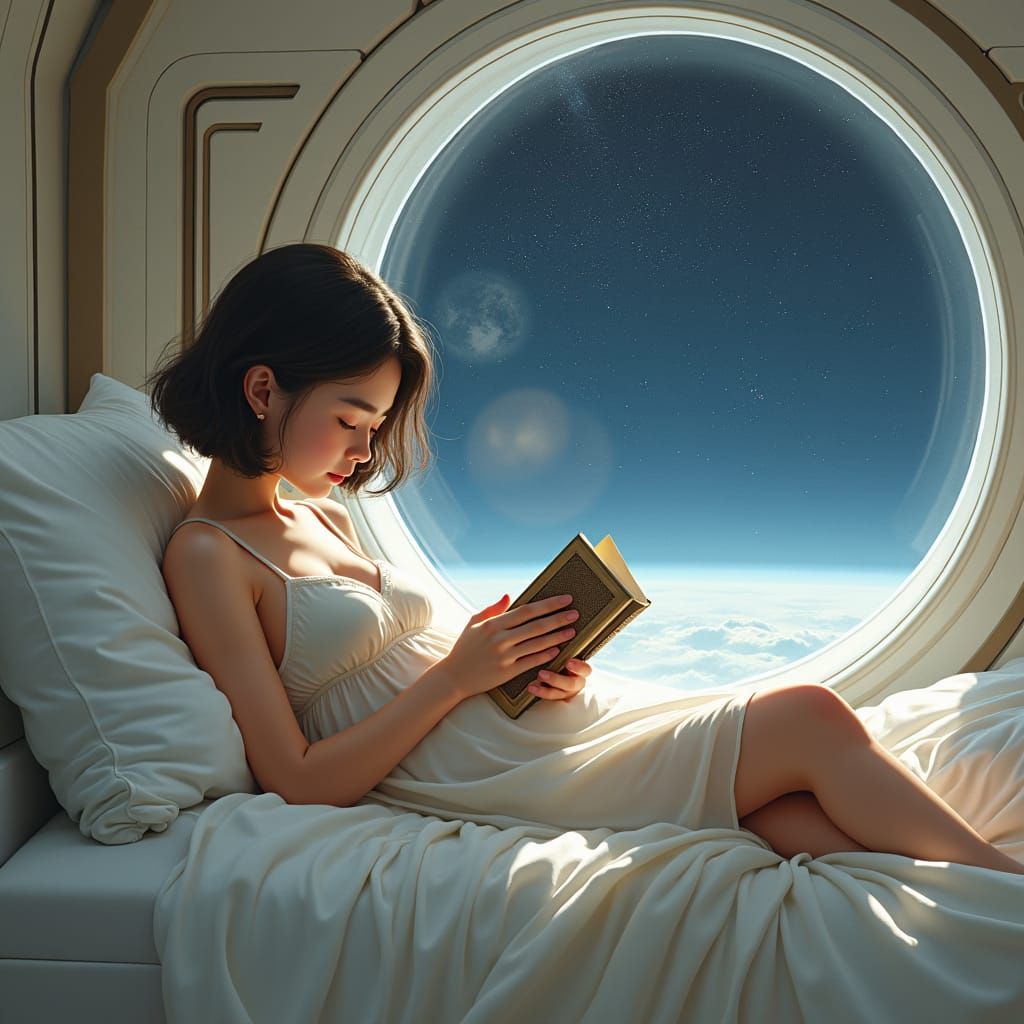 Girl in Spaceship Reading by Porthole Window
