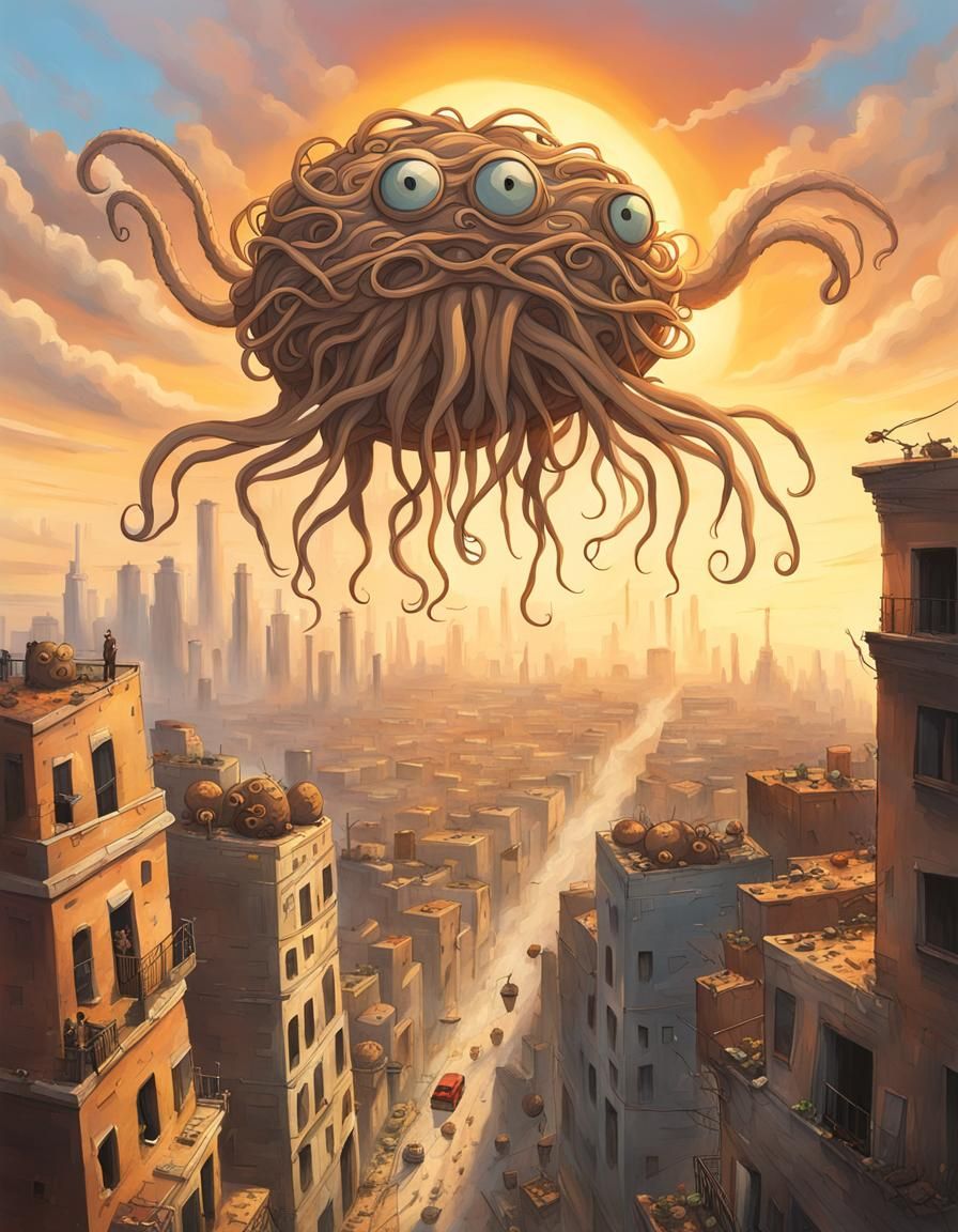 Flying Spaghetti Monster over Dystopian City