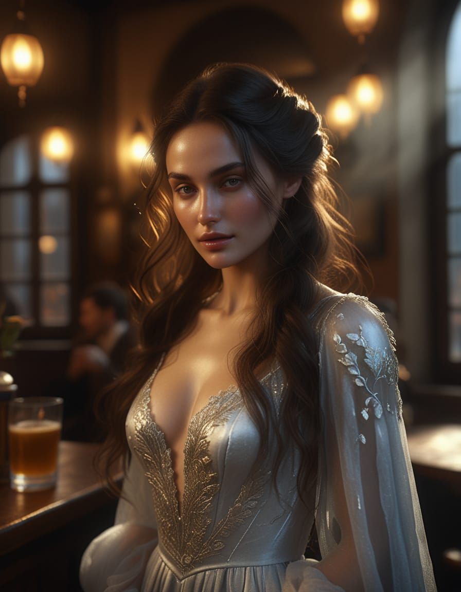 Woman in Silver Gown in Moonlit Pub, Renaissance Fantasy Sty...