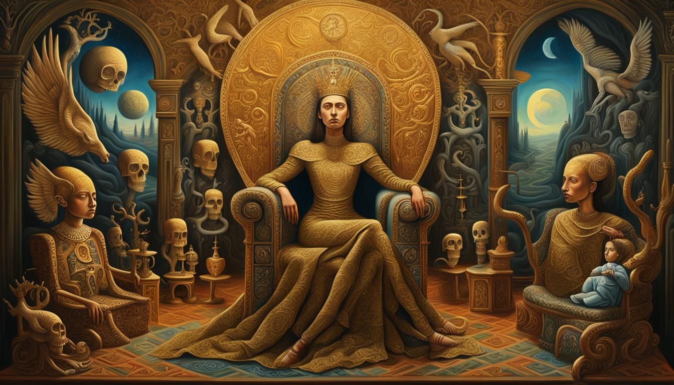 Woman in Dreamlike Throne Room, in Vibrant Oil Painting Styl...