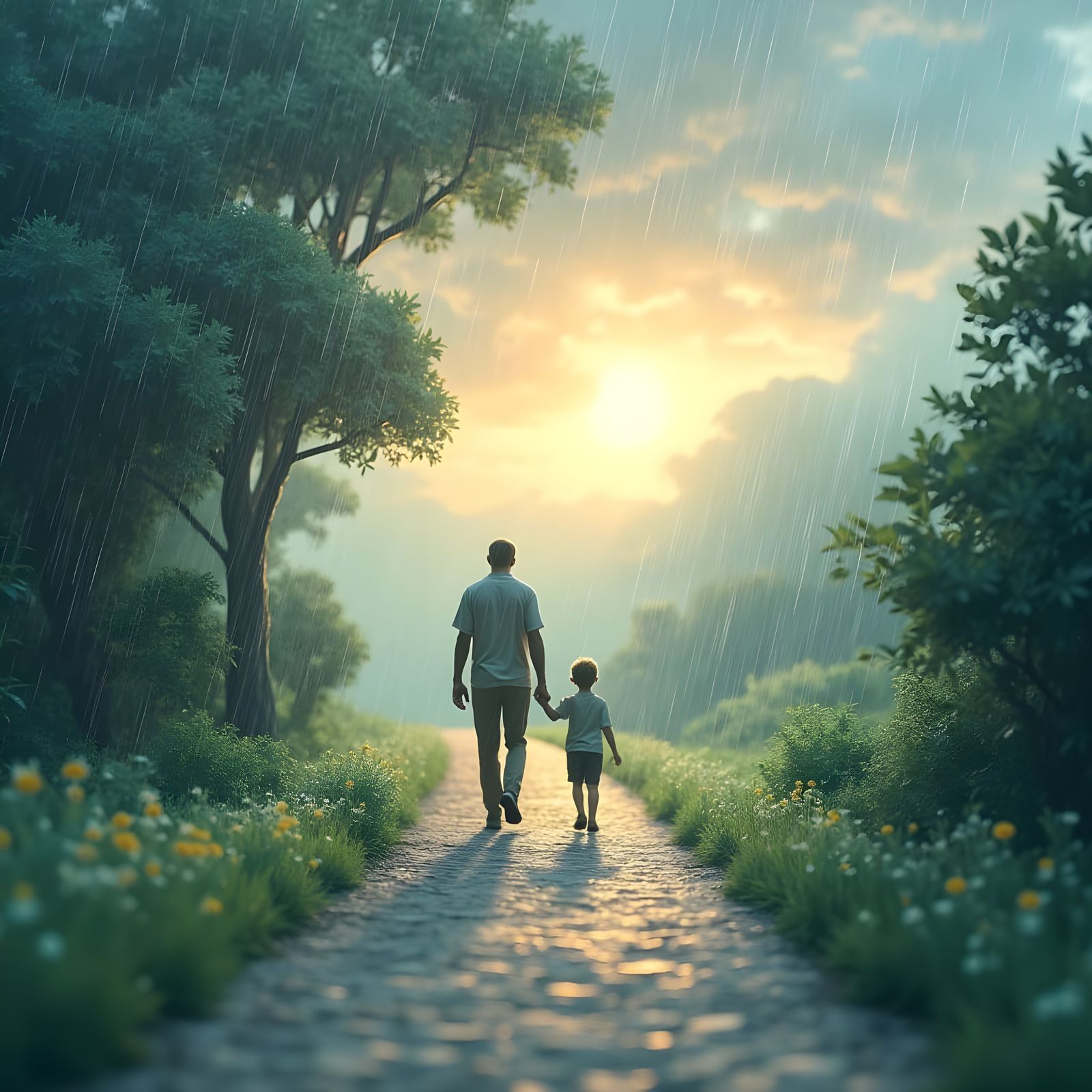 Father and Son Walk in Rainy Origami Landscape