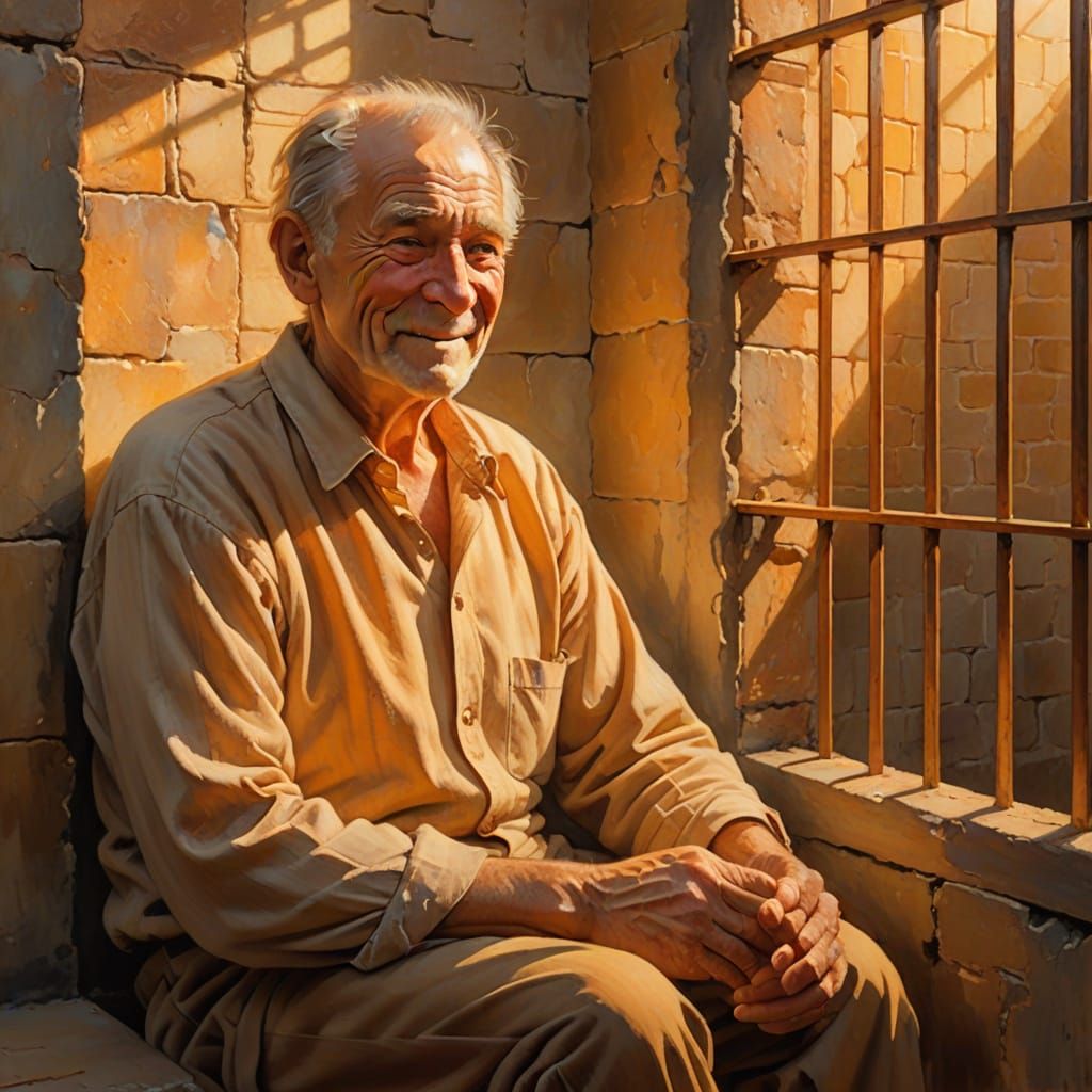 Contented Old Man in Prison Cell: Oil Painting
