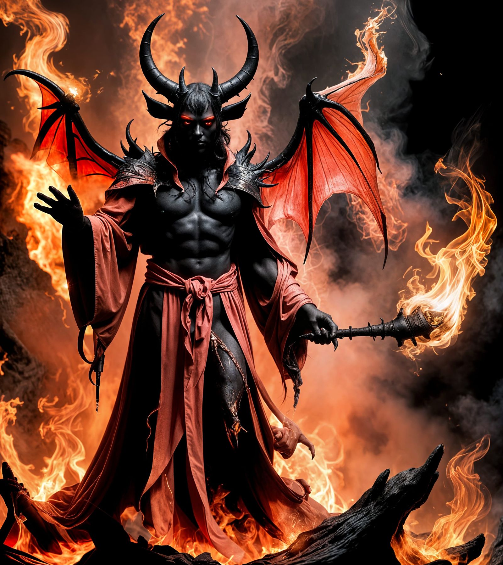Demon with Fairy Wings in Fiery Abyss