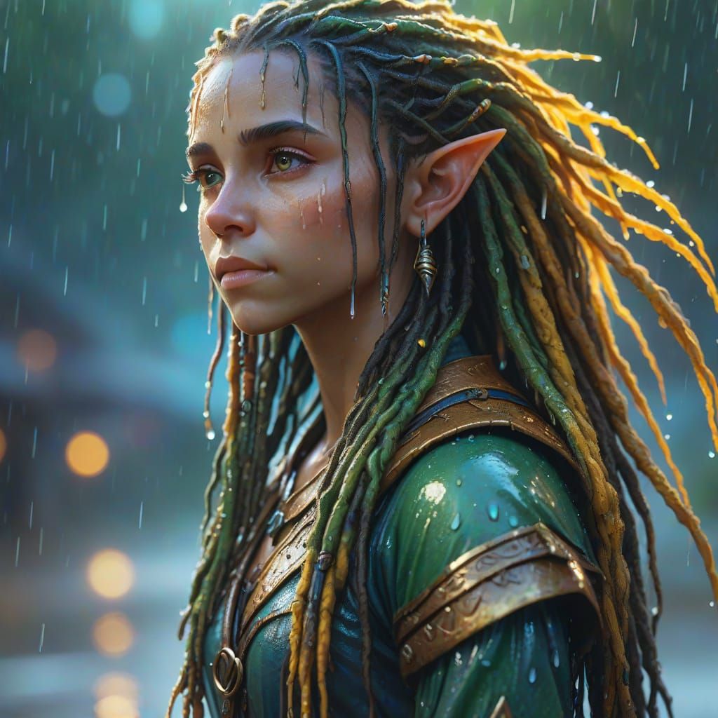 Wet Elf in Rain: Vibrant Oil Painting