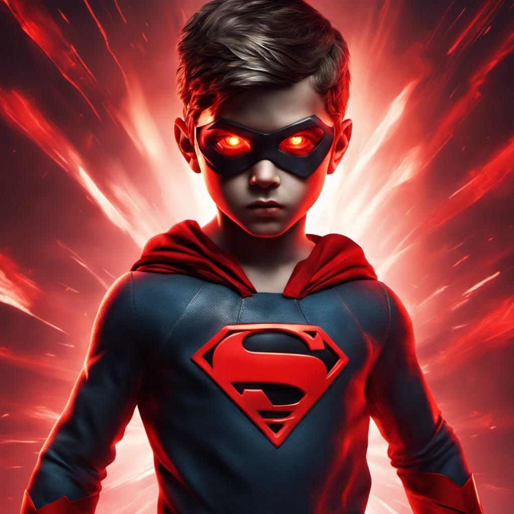Boy Superhero with Glowing Eyes: Hyper-Realistic Rendering