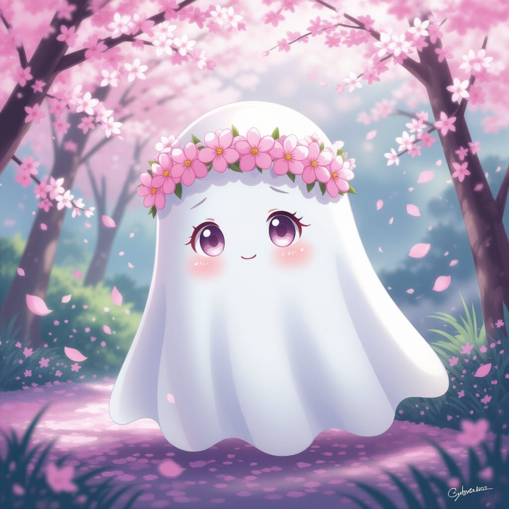 Cute Ghost Girl with Pink Flower Crown in Anime Style