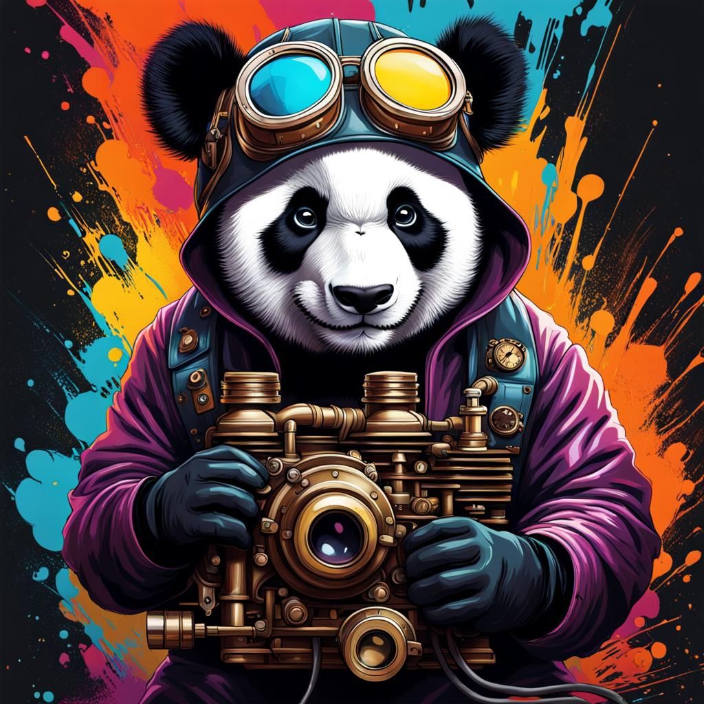 Steampunk Panda Working on Engine in Graffiti Art Style
