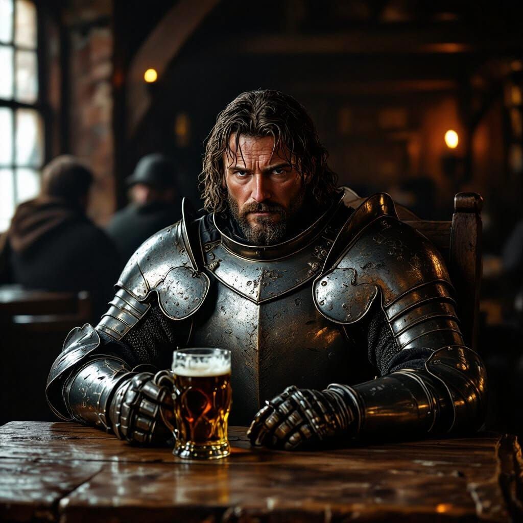 Knight's Solitude: Tavern Scene in Dramatic Light