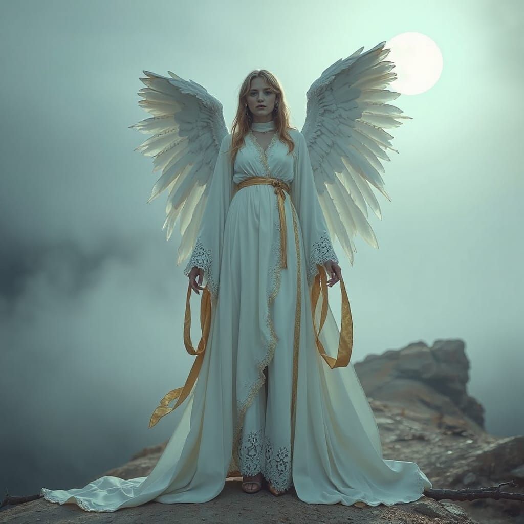 Fallen Angel in Misty Landscape with Ethereal Moonlight