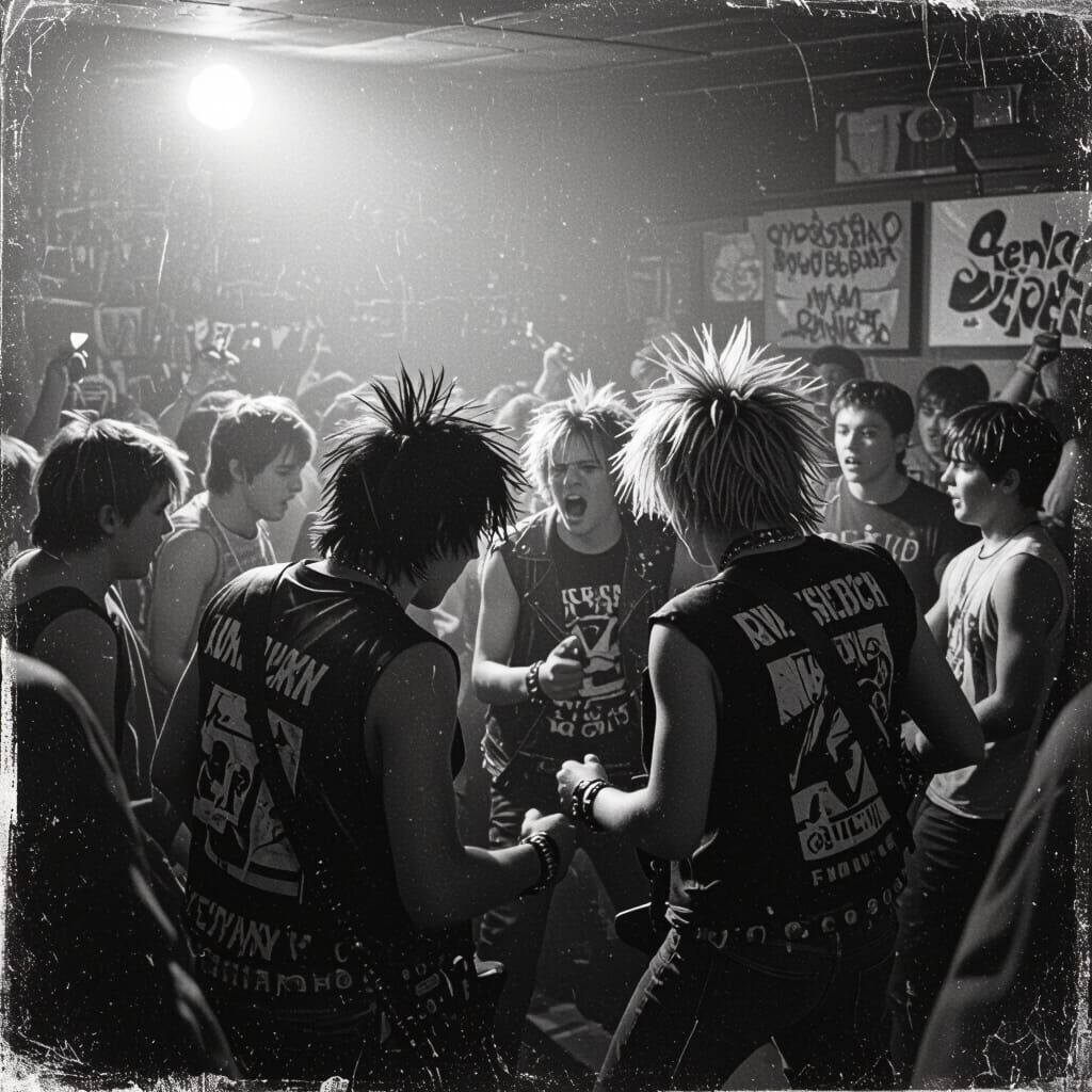 Energetic Punk Rockers Moshing in Dimly Lit Club