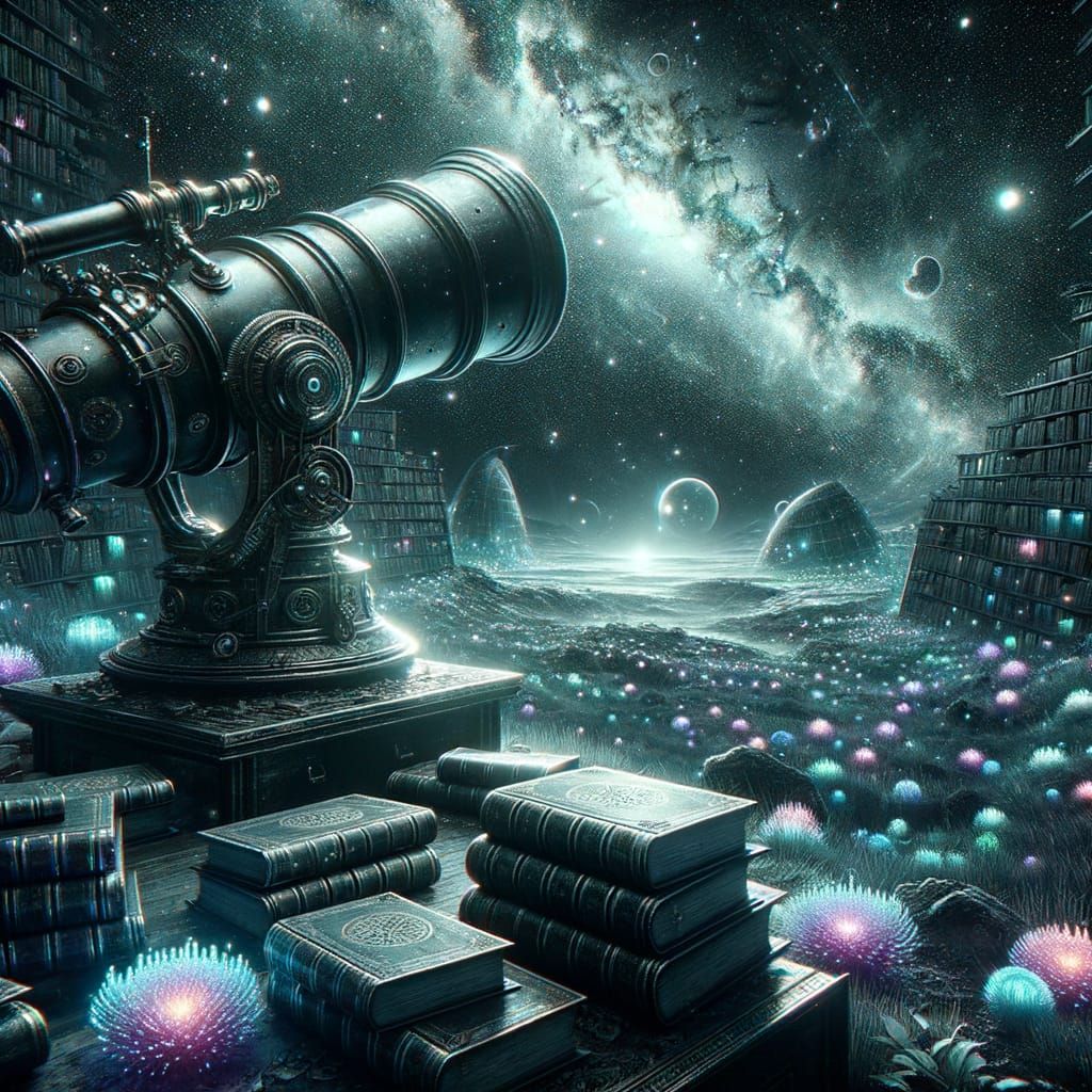 Starlit Observatory with Bioluminescent Flora and Woman