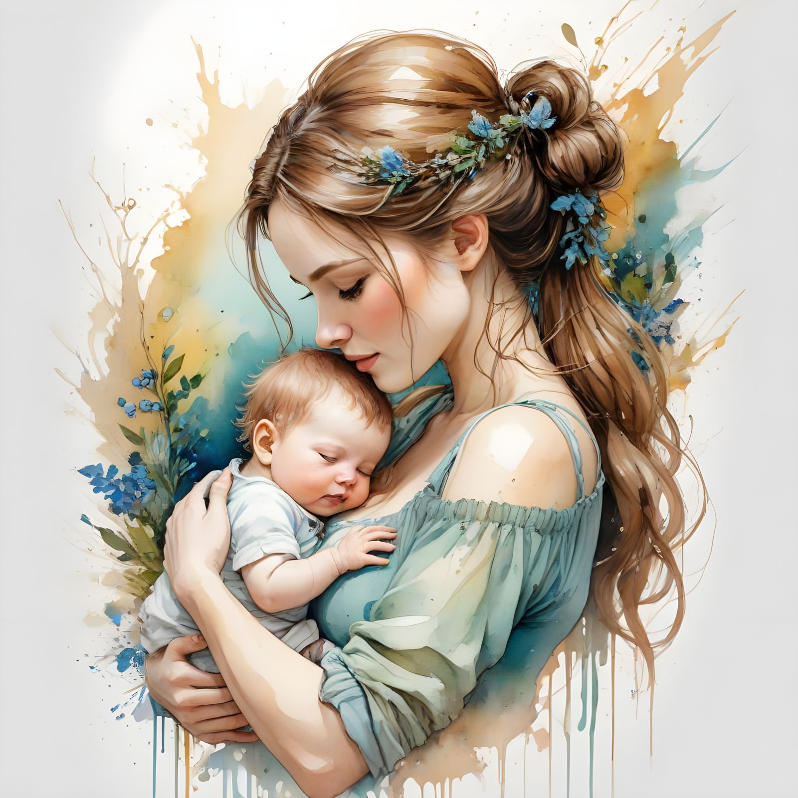 Whimsical Mother and Child in Watercolor and Ink